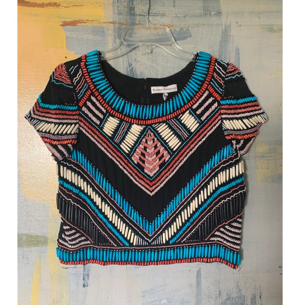 Karina Grimaldi Black/Turquoise/Coral Southwest Beaded Top - Small